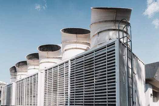 Cooling PipesSystem of Manufacturing Factory, Cooled Chiller Machines Tower and Pipeline Equipment of Manufacture Industry. HVAC Cooling Systems and Distribution Steel Pipping. Air Conditioning photo