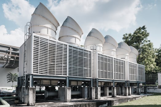 Cooling Pipes System of Manufacturing Factory, Cooled Chiller Machines Tower and Pipeline Equipment of Manufacture Industry. HVAC Cooling Systems and Distribution Steel Pipping. Air Conditioning photo