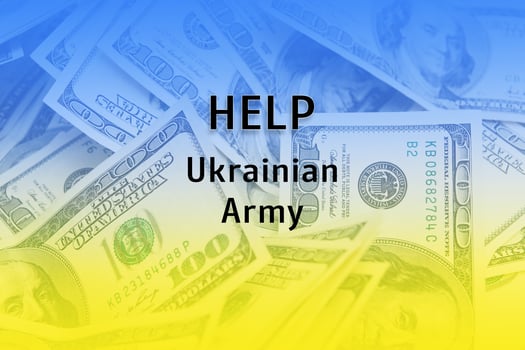 Help Ukrainian army text with colorful money background. The concept of financial assistance to the Ukrainian army. photo