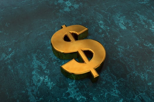 3d illustration of a gold dollar sign on a dark background as a symbol of wealth and luxury photo