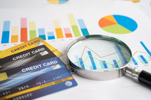 Credit card on chart and graph paper. Finance development, Banking Account, Statistics, Investment Analytic research data economy, Stock exchange trading, Business company concept. photo