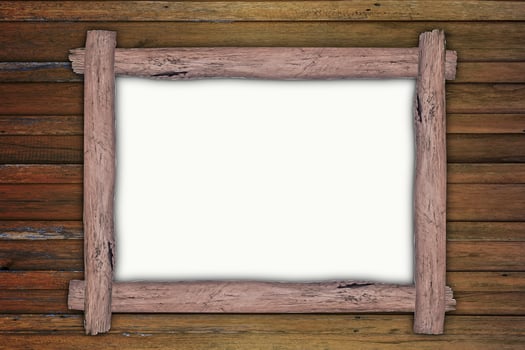 Empty wooden frame, hanging on wood panels background. Retro style design photo