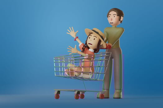 Portrait 2 people , Excited, funny, smiling, cute ,casual ,asian, girl, male minimal, style, stylized , shopping pose , shopping cart , sweetheart , 3d render illustration photo