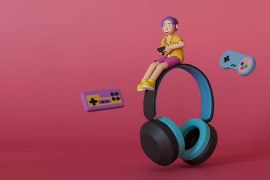 Man in yellow shirt holding gamepad playing game on headphones with game controller floating next to it on pink background. 3D render illustration photo