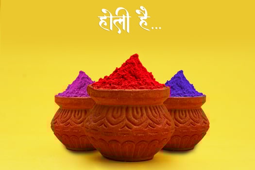 Indian festival Holi concept colour bowl with colorful background and writing holi Hai in marathi calligraphy. photo