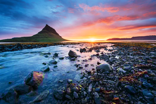 The picturesque sunset over landscapes and waterfalls. Kirkjufell mountain,Iceland photo