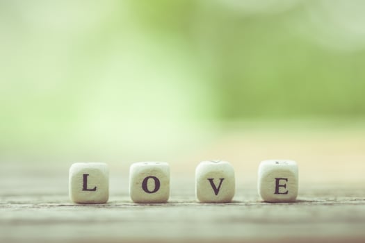LOVE word of white english alphabet letters on wooden plank photo