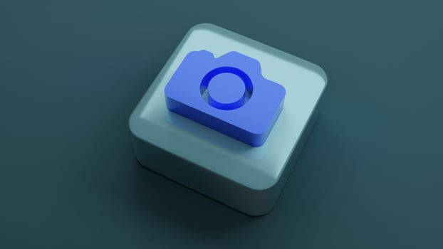 camera icon on square shape , 3d rendering photo