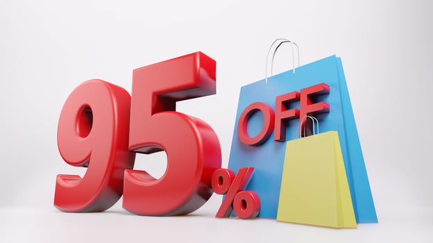 95  percent symbol with shopping bag , 3D render isolated background photo