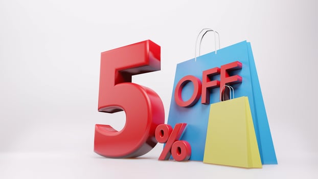 5  percent symbol with shopping bag , 3D render isolated background photo