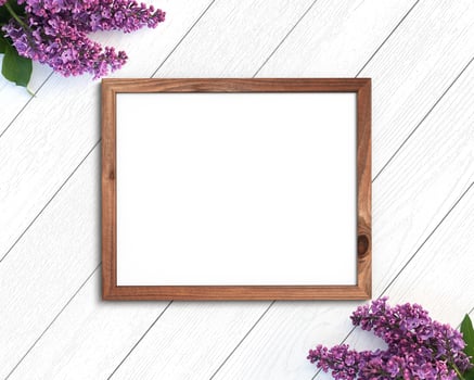 Wooden frame mockup on a painted white background. 4x5 Horizontal Landscape photo