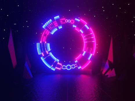 Neon glowing gate, portal, entrance, abstract blue and pink background. 3d rendering. photo