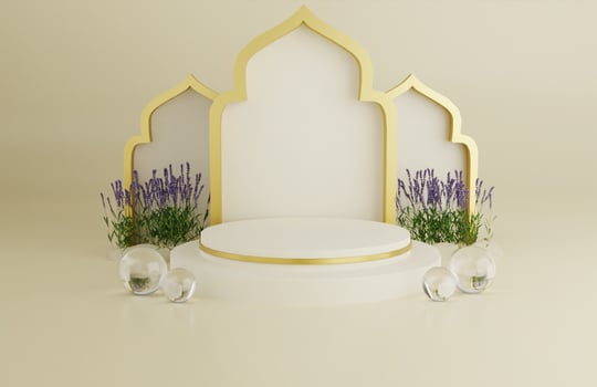 Tropical islamic ramadan greeting cream background with 3d mosque ornament arabic lanterns photo