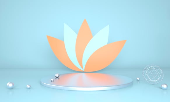 Product display podium decorated with leaves on pastel background, 3d illustration photo