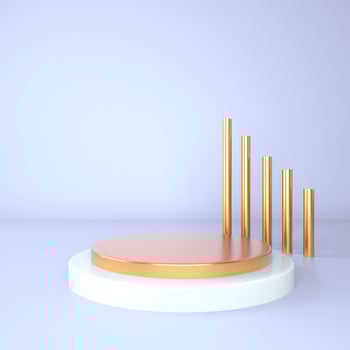 3d rendering studio with geometric shapes, podium on the floor. Platforms for product presentation, mock up background. photo