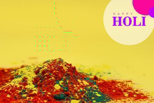 Indian festival Holi concept Multi color's bowl with colorful background and writing happy holi photo