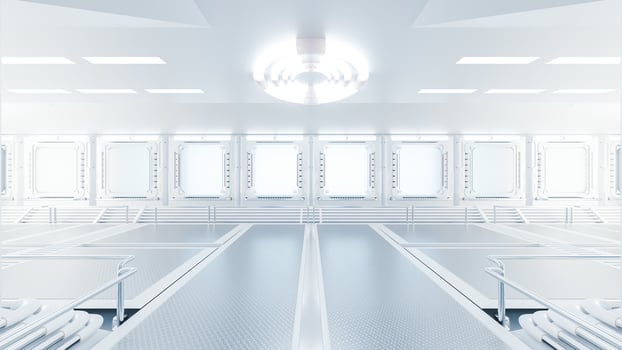 Corridor in space station or in laboratory decorated with grey color. futuristic and technology background, 3D Render. photo