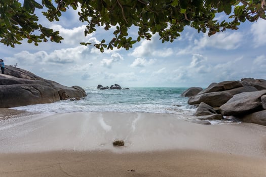 Sea view from tropical beach with sunny sky. Summer paradise beach of Koh Samui island. Tropical shore. Tropical sea in Thailand. Exotic summer beach with clouds on horizon. photo