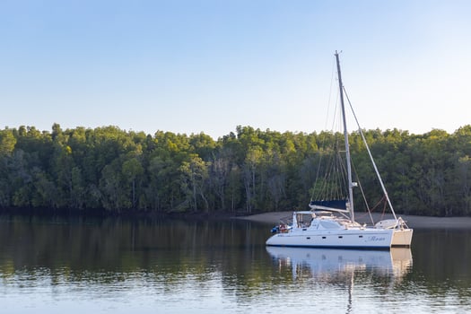 KRABI, THAILAND - JANUARY 23, 2020 - Beautiful natural view of sailboat, boats, mangrove forest in the morning at Krabi River, Krabi, Thailand. photo