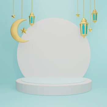 Islamic ramadan greetings post template, composition with 3d arabic lantern and crescent moon photo