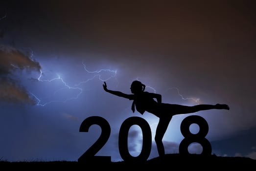 Silhouette young girl is relaxing. 2019 new year background of stormy sky. photo