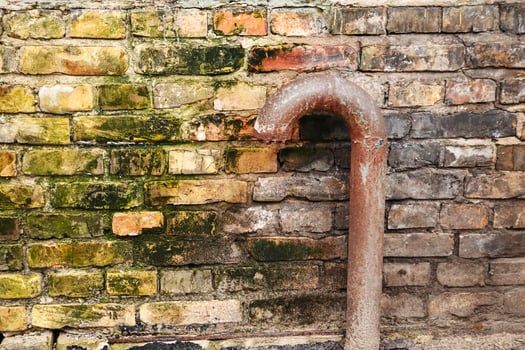 Curved rusty pipe in front of aged brick wall with green moss photo