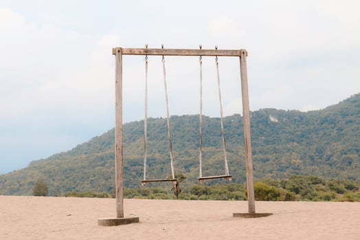 The old rope wooden swing on the desert or sandy beach with mountain background photo