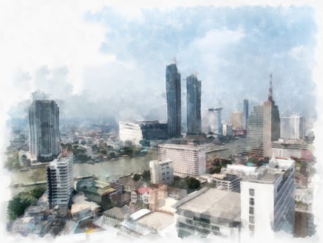 Landscape of tall buildings and streets in Bangkok watercolor style illustration impressionist painting. photo