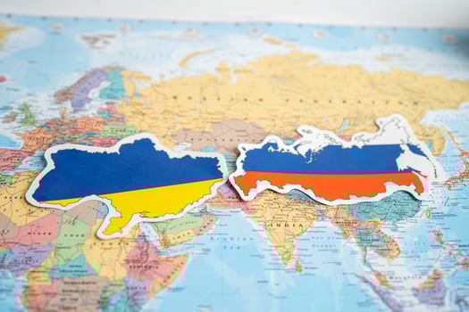 Bangkok, Thailand - February 1, 2022 Russia and Ukraine flag on world map background. photo