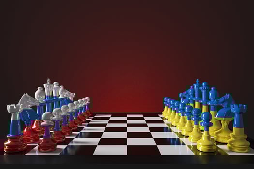 Chess board game The pieces are colorful with Ukraine and Russian designs, reflecting the international political game. 3D rendering photo