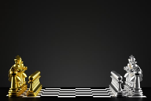 Chess board game The pieces are colorful with silver and gold. 3D rendering photo