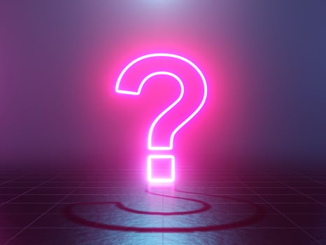 Neon glowing question mark abstract blue and pink background. 3d rendering photo