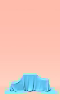 Podium, pedestal or platform covered with blue cloth on pink background. Abstract illustration of simple geometric shapes. 3D rendering. photo