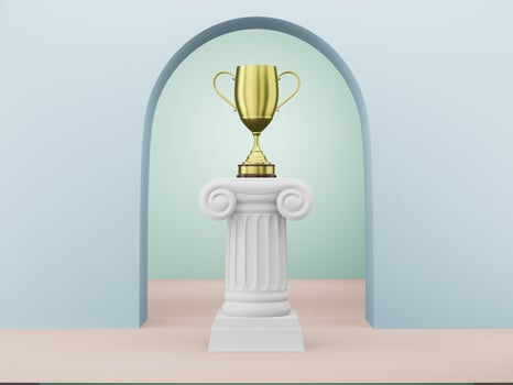 Abstract podium column with a golden trophy on the blue background with arch. The victory pedestal is a minimalist concept. 3D rendering. photo