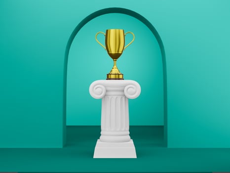 Abstract podium column with a golden trophy on the green background with arch. The victory pedestal is a minimalist concept. 3D rendering. photo