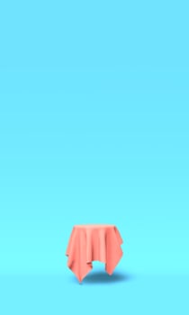 Podium, pedestal or platform covered with pink cloth on blue background. Abstract illustration of simple geometric shapes. 3D rendering. photo