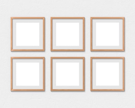 Set of 6 square wooden frames mockup with a border hanging on the wall. Empty base for picture or text. 3D rendering. photo