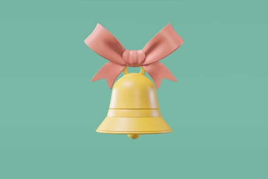 Bell with a ribbon on a light green background in cartoon style. Concept illustration for christmas card, congratulation, invitation. 3D rendering photo