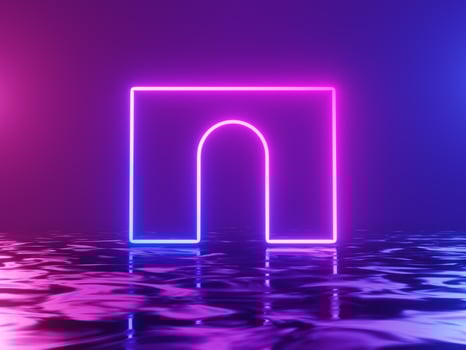 Neon glowing arch, gate, portal, entrance, abstract blue and pink background. 3d rendering. photo