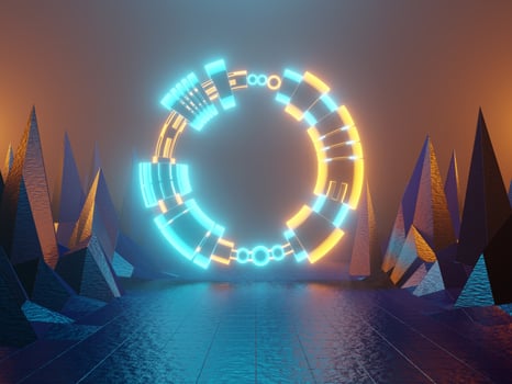 Neon glowing gate, portal, entrance, abstract green and orange background. 3d rendering. photo