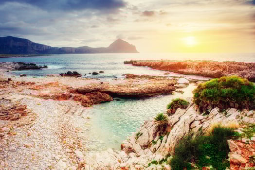 Spring view of the coast at sunset city Trapani. Sicily photo