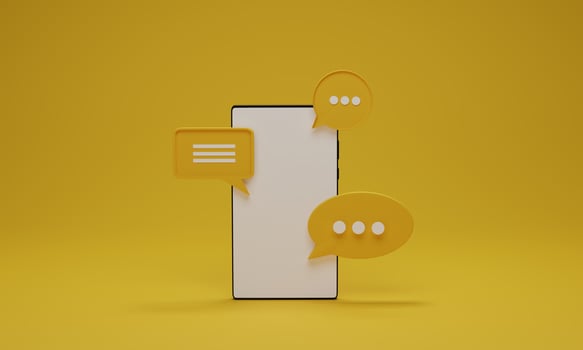 Mobile smartphone and chat bubbles on yellow background. Mockup minimal for social media, messages or SMS. 3D rendering Illustration. photo