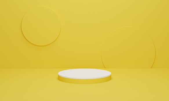 White cylinder podium on yellow background minimal scene with yellow geometric platform. Podium stand for products display. 3d render, 3d illustration. photo