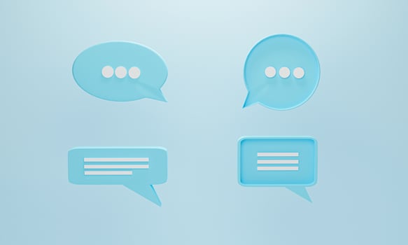 Set of 4 chat bubble icon or speech bubbles symbol on blue pastel background. Concept of chat, communication or dialogue. 3d rendering illustration. photo