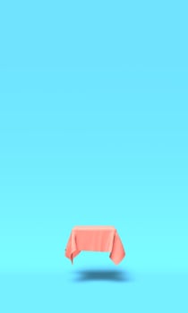 Podium, pedestal or platform covered with pink cloth on blue background. Abstract illustration of simple geometric shapes. 3D rendering. photo