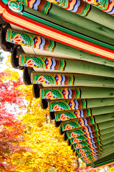 Colorful roof of a pavilion in the park of Changdeokgung palace in Seoul, South Korea, Asia photo