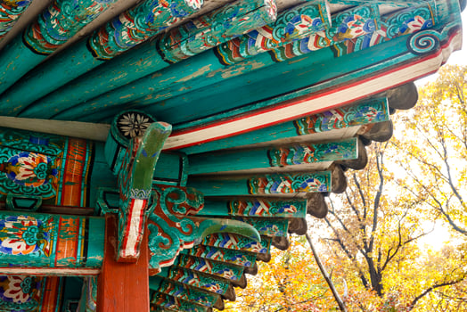 Colorful roof of a pavilion in the park of Changdeokgung palace in Seoul, South Korea, Asia photo