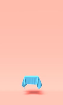 Podium, pedestal or platform covered with blue cloth on pink background. Abstract illustration of simple geometric shapes. 3D rendering. photo