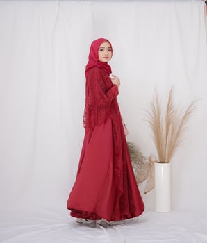 Beautiful islamic female model wearing hijab fashion, a modern lifestyle outfit for muslim woman. Concept a wedding dress, beauty or eidul fitri. A asian girl model wearing hijab on indoor photoshoot photo