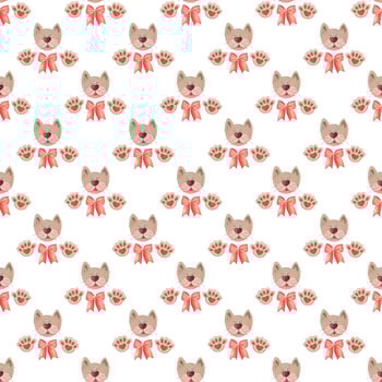 Seamless pattern of cat with paws and bows photo